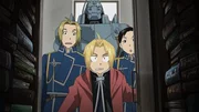Denny Brosh (l.); Alphonse Elric (hinten); Edward Elric (vorne); Maria Ross (r.)