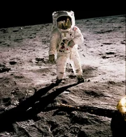 Buzz Aldrin walks on the moon before the lunar module departed for rendezvous with the command module.