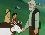 Staunend sehen Heidi und Peter zu, wie Groüvater die Ziege füttert.Â