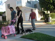 Janeen and Michael push Fofo and walk Bella properly as Cesar looks on..