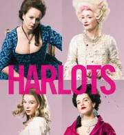 Artwork zur ersten Staffel von "Harlots" mit (oben v.l.) Samantha Morton als Margaret Wells, Lesley Manville als Lydia Quigley, (unten v.l.) Loise Smyth als Lucy Wells und Jessica Brown Findlay als Charlotte Wells.