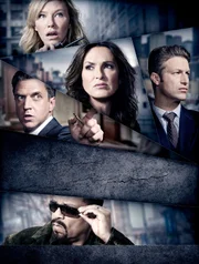 Oberst: Detective Amanda Rollins (Kelli Giddish) Mitte (v.l.): Rafael Barba (Raúl Esparza), Lieutenant Olivia Benson (Mariska Hargitay), Dominick "Sonny" Carisi (Peter Scanavino) Unten: Odafin 'Fin' Tutuola (Ice-T)