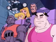 V.l.: Roboter Grag, Prof. Simon Wright, Ken Scott, Joan Landor, Ezra Gurney, Androide Otho