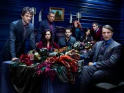 Pictured: (l-r) Hugh Dancy as Special Agent Will Graham, Caroline Dhavernas as Dr. Alana Bloom, Laurence Fishburne as Agent Jack Crawford, Aaron Abrams as Brian Zeller, Lara Jean Chorostecki as Freddie Lounds, Hettienne Park as Beverly Katz, Scott Thompson as Jimmy Price, Mads Mikkelsen as Dr. Hannibal Lecter