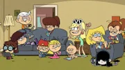 L-R: Luna Loud (voiced by Nika Futterman), Lincoln Loud (voiced by Grant Palmer), Lynn Loud (voiced by Jessica DiCicco), Leni Loud (voiced by Liliana Mumy), Lori Loud (voiced by Catherine Taber), Luan Loud (voiced by Cristina Pucelli). On the floor L-R: Lisa Loud (voiced by Lara Jill Miller), Lana Loud (voiced by Grey Griffin), Lola Loud (voiced by Grey DeLisle), Lily Loud (voiced by Grey Griffin), Lucy Loud (voiced by Jessica DiCicco)