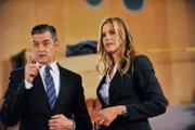 -- "A Touch Of Sweevil" Episode 808 -- Pictured: (l-r) Timothy Omundson as Carlton Lassiter, Mira Sorvino as Betsy -- (Photo by: Alan Zenuk/USA Network)