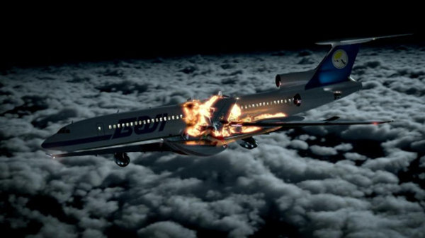 A graphic of two planes colliding in mid-air. The tail of one plane cuts the fuselage of the other in half.   (Photo Credit: © Darlow Smithson Productions)