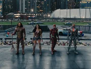 L-R: Aquaman / Arthur Curry (Jason Momoa), Wonder Woman / Diana Prince (Gal Gadot), The Flash / Barry Allen (Ezra Miller), Cyborg / Victor Stone (Ray Fisher)
