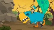 Scotty versucht Manni mit dem Dino einzuschüchtern. Doch auch diesen kann der Sensemann-Schüler schnell verschwinden lassen.