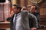 (l-r) Steve Rosen as Public Defender Guthrie, Roger Bart as Adam Cain