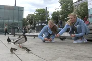 Kati und Rike füttern Vögel am Hamburger Jungfernstieg.