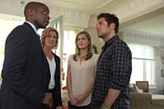 -- "The Break-Up" Episode 810 -- Pictured: (l-r) Kirsten Nelson as Karen Vick, Dule Hill as Gus Guster, James Roday as Shawn Spencer, Maggie Lawson as Juliet O'Hara -- (Photo by: Alan Zenuk/USA Network)