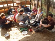 Seven hostages, among them Reine Weigel And Erez Eltawil stop in a ramshackle hut to eat, during their capture in the jungle