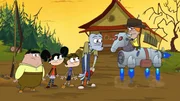Berthold (r.) erklärt Kurt, Greta, Scotty und Sawyer (v.li.), dass er die Besitzurkunde von Sumpfgrund City hat und sie das Camp räumen müssen.