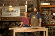 As seen on Home Town, Ben and Erin Napier (C) work on finishing a custom desk in their workshop located in Laurel, MS. (workshop, portrait)