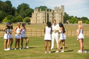 Matthew Hicks (Harry) teaches the women (L-R: Kimberly, Kelley, Maggie, Jacqueline, Chelsea, Anna Lisa and Carley) the game of cricket
