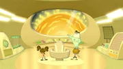 Der Alien präsentiert Scotty, Kurt und Greta die kurbitanische Sonne.