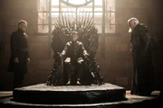 Tommen on the throne with uncle Kevan and Grand Maester Pycelle by his side.