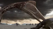 Nicht alle Dinos überstehen die Flucht aus dem Eis - Ein Flugdinosaurier frisst an einem liegen gebliebenen Edmontosaurs.
