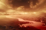 Der Fluss Skamandros beginnt zu brennen. Flüssige Lava mischt sich in seine Strudel.
