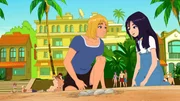 Byron zeigt Cleo die Stelle am Strand, an der er Schildkröteneier gefunden hat.