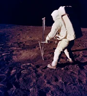 Buzz Aldrin uses the core sampler to collect scientific samples on the Apollo 11’s mission.