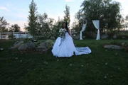 The bride walks through bubbles.