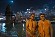Simon Reeve with Abhra Bahattacharya (BBC fixer) at Aarti in Haridwar
