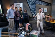 L-R: Donald 'Jared' Dunn (Zach Woods), Richard Hendricks (Thomas Middleditch), Monica Hall (Amanda Crew), Bertram Gilfoyle (Martin Starr),  Russ Hanneman (Chris Diamantopoulos)