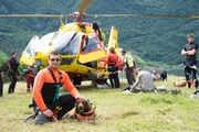 Rescue dogs with their owner by a helicopter in Italy.