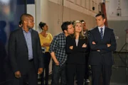 -- "Cloudy With A Chance of Improvement" Episode 803 -- Pictured: (l-r) Dule Hill as Gus Guster, James Roday as Shawn Spencer, Maggie Lawson as Juliet O'Hara, Tim Omundson as Carlton Lassiter -- (Photo by: Alan Zenuck/USA Network)