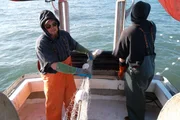 Chris pulls in the net while Gavin looks out for possible fish aboard the North Crow. Cook Inlet, Alaska, United States. (Photo Credit: Sean Stack)
