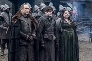 Michael McElhatton as Roose Bolton, Iwan Rheon as Ramsay Bolton and Elizabeth Webster as Walda Frey