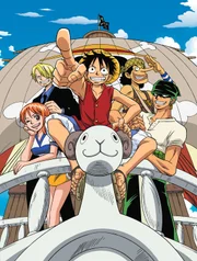 Gemeinsam sind Monkey D. Ruffy (M.), Roronoa Zoro (r.), Nami (l.), Usopp (2.v.r.) und Sanji (2.v.l.) fast unschlagbar ...