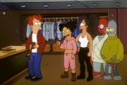 Amy (2.v.li.), Lela, Dr. Zoidberg (2.v.re.) und Bender (re.) stellen Fry zur Rede.