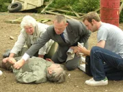 Können (v.l.n.r.) Tante Joan (Stephanie Cole), Doc Martin (Martin Clunes) und Al (Joe Absolom) dem Farmer Phil Pratt (Roger Lloyd Pack, liegend) das Leben retten?