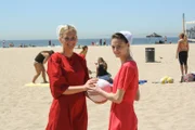 The group plays beach volleyball.