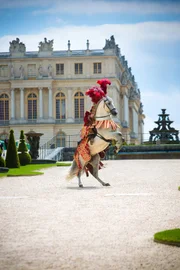 Fred Mouquet et ses cavaliers en costumes dans les jardins du Château de Versailles.