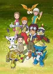 Taichi (Mitte, mit Brille) und seine Freunde mit ihren Digimon.