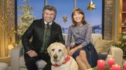 Moderatorin Sabine Sauer mit ihrem Gast Andy Borg (Schlagersänger und Moderator) und Hund Henry.