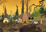 Die Protagonisten des sumpfigen Camps: Kurt, Sawyer, Scotty, Suzi, Armand, Greta, Rosalind und Berthold (v.l.).