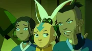 L-R: Katara, Aang, Momo, Sokka