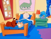 Stanley und seine Freunde, Hund Harry, Katze Elsie und Goldfisch Dennis machen es sich in seinem Zimmer gemütlich.