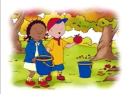 Rosie (re.) und Caillou (li.) helfen den Erwachsenen bei der Apfelernte.