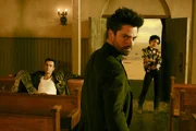 L-R: Joseph Gilgun as Cassidy, Dominic Cooper as Jesse Custer, Ruth Negga as Tulip O'Hare.