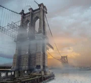 Computergenerierte Darstellung der Brooklyn Bridge in ihrer Bauzeit.