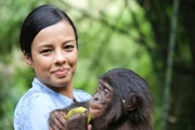 Liz Bonnin and Bonobo infants, Kinshasa in Democratic Republic of Congo, 2014