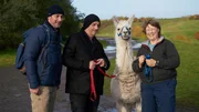 Marco Schreyl (l) und Torsten Sträter treffen Andrea Eikelmann, Mitarbeiterin „Pracht-Lamas“ auf der Halde Rungenberg.