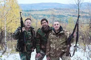 Picture Shows: Yuriy Zvekov, Justin Rowlatt and Georgiy Goldyrev in the wilderness, Ural mountains, Russia