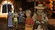 L-R: Katara, Toph Beifong, Sokka, Aang, Professor Zei